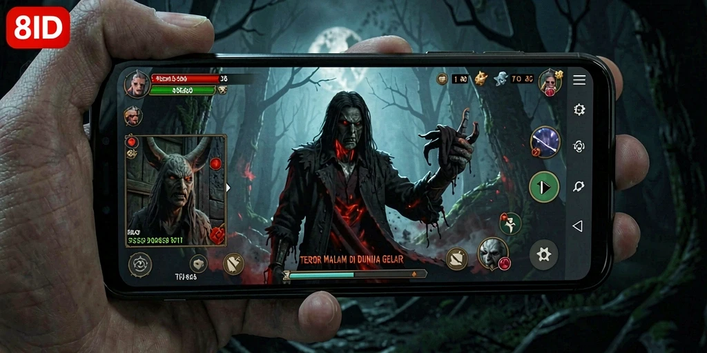Screenshot gameplay 8ID menampilkan suasana horor yang mencekam dan karakter menyeramkan.