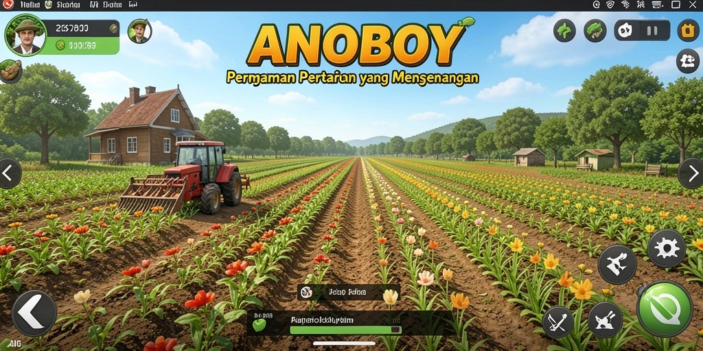 Tampilan gameplay ANOBOY dengan ladang yang subur dan hewan yang sehat.