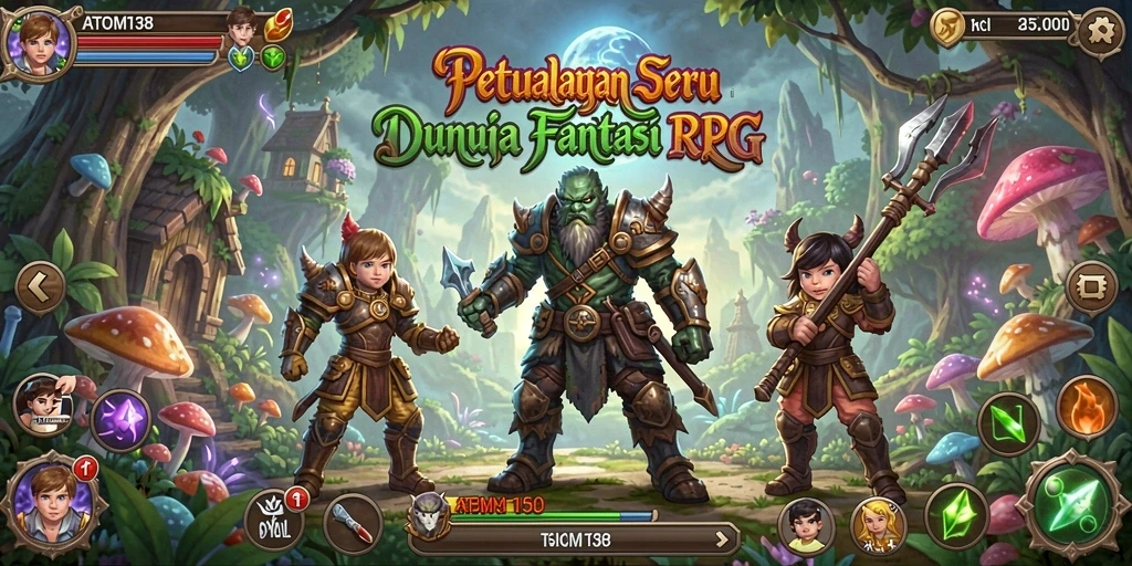 Screenshot gameplay menampilkan pahlawan dalam aksi pertempuran RPG.