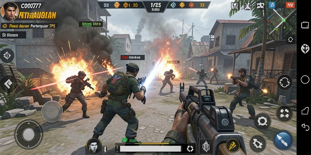 Tampilan gameplay seru di C0077 dengan aksi tembak-menembak yang intens.
