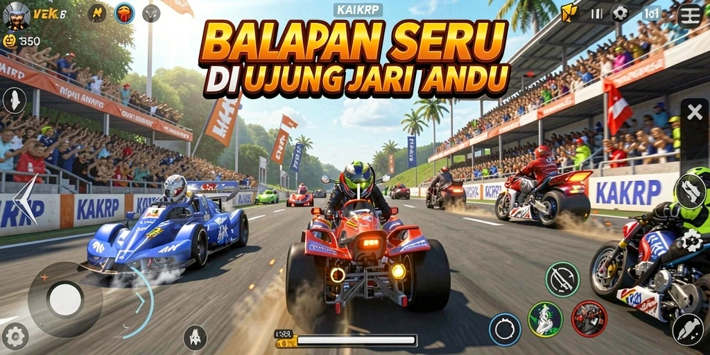 Screenshot gameplay KAKRP menampilkan balapan mendebarkan dan grafis yang tajam.
