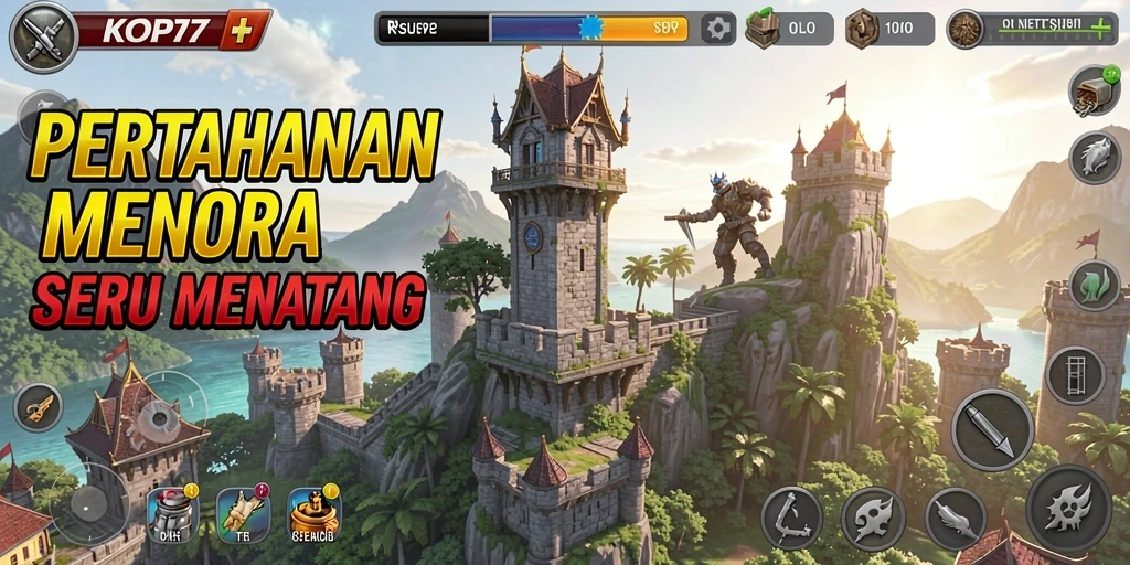 Tampilan gameplay KOPI77 dengan menara yang megah dan musuh yang menyerang.
