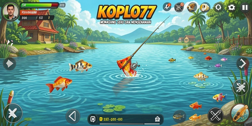 Screenshot gameplay KOPLO77 dengan pengguna memancing di lokasi yang indah.