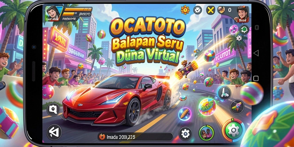 Screenshot gameplay OCATOTO menunjukkan balapan seru dengan mobil yang melesat.