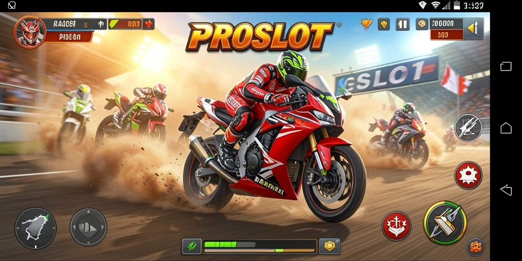 Tampilan gameplay PROSLOT dengan aksi balap motor yang mendebarkan.