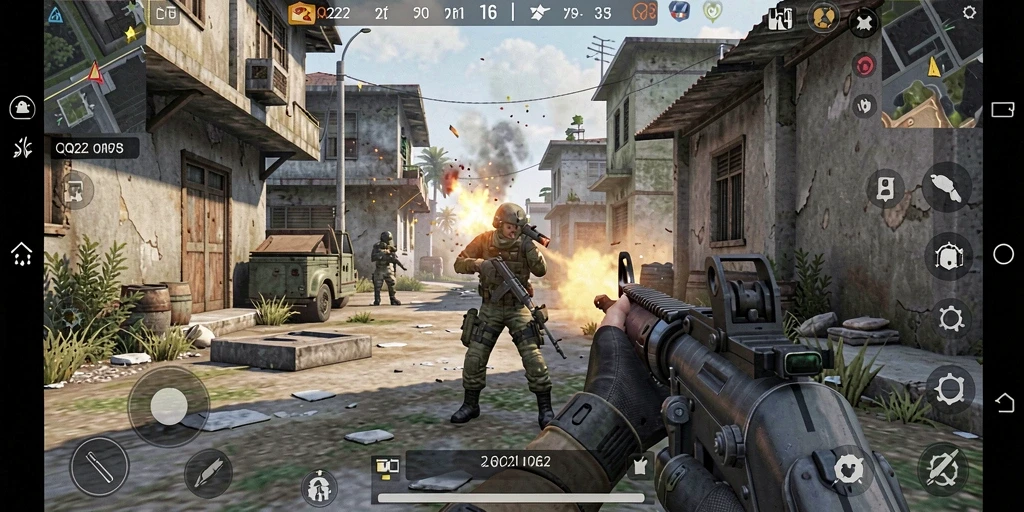 Screenshot menunjukkan aksi intens dalam gameplay FPS QQ222.