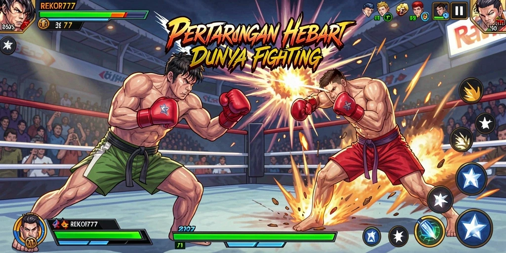 Screenshot gameplay yang menampilkan pertarungan intens di REKOR777.