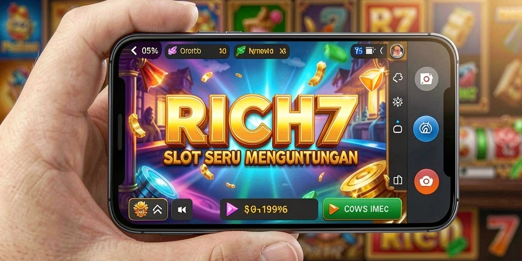 Screenshot dari gameplay RICH7 menampilkan gulungan Slot yang penuh warna.