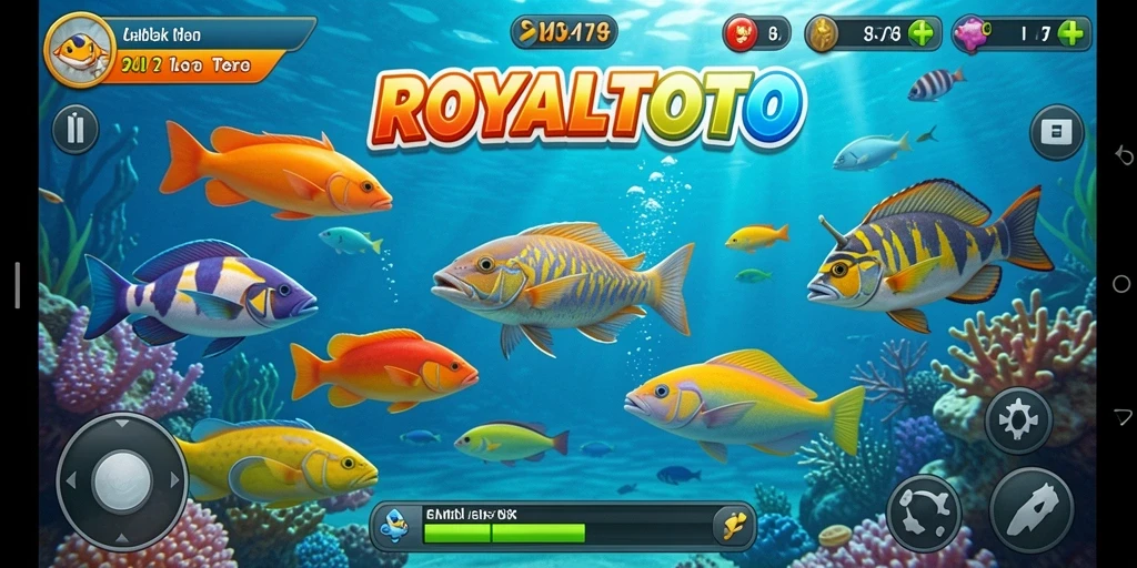 Screenshot gameplay ROYALTOTO yang menunjukkan aksi menembak ikan.