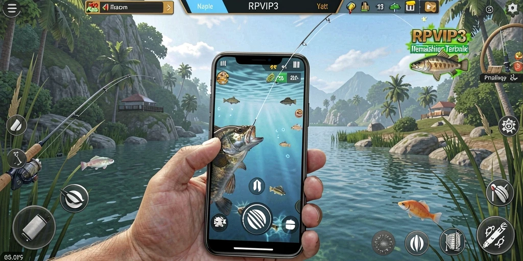 Screenshot gameplay RPVIP3 menampilkan aksi memancing yang mendebarkan.