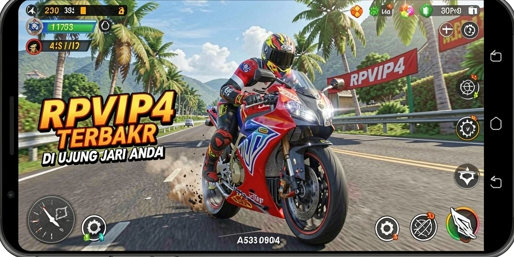 Screenshot RPVIP4 menampilkan balapan motor yang mendebarkan.