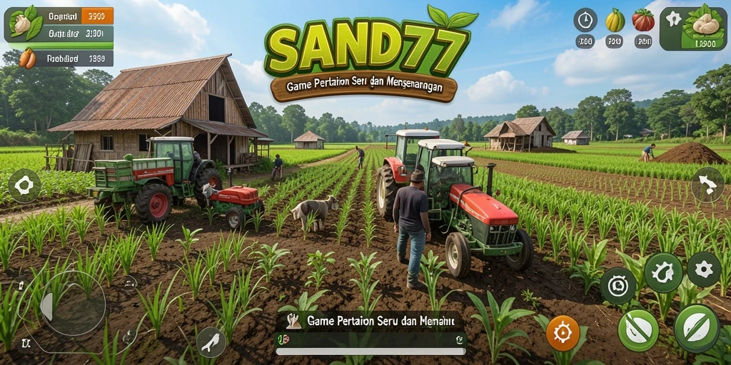 Screenshot gameplay <strong>SAND77</strong> menampilkan lahan pertanian yang subur dan hewan ternak.