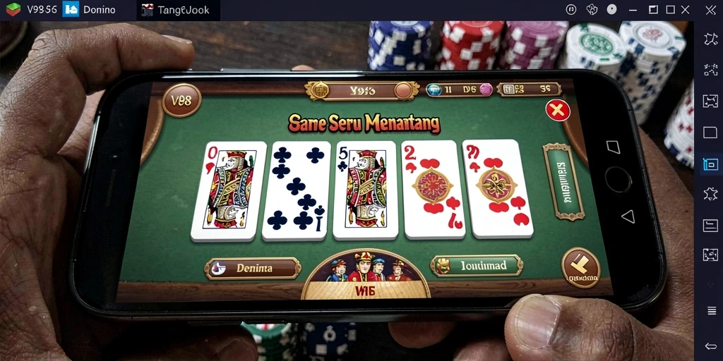 Tampilan menunjukkan gameplay seru dari V98 dalam permainan domino.