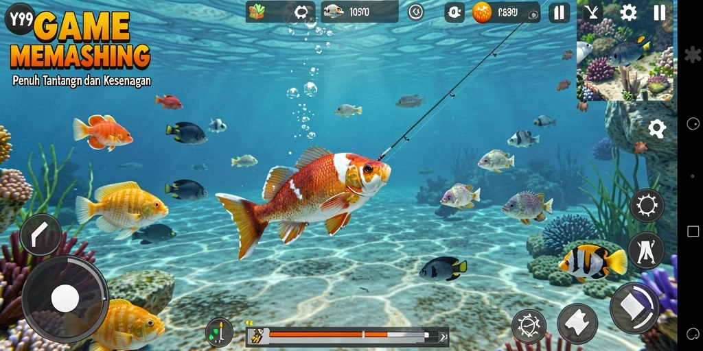 Tampilan menakjubkan gameplay memancing di Y89 dengan ikan besar yang siap ditangkap.